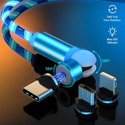 China MP3/MP4 Player 540 Degree Rotating Luminous Magnetic Cable LED Flowing Light 2.4A Charging For USB Type-C Micro IOS for sale