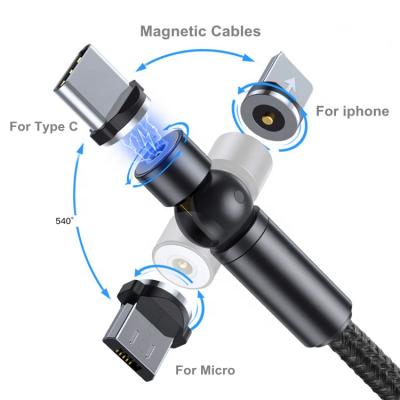 China With magnetic +Strong +360Â LED indicator; ° Magnetic Rotation LED 3 in1 USB Cable Used For Type C USB Lightning Micro Magnetic Charging Cable for sale