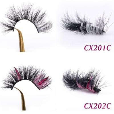 China Wholesale 23mm 3d 5d mink pink glitter long full natural thick handmade fluffy band cross lash colored eyelashesul for sale