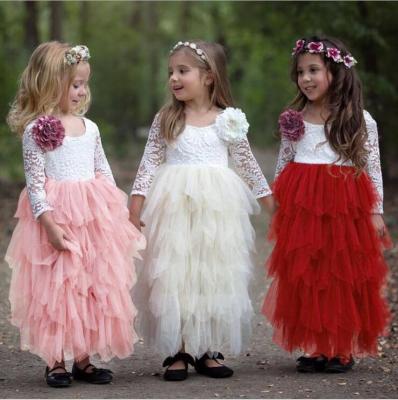 China Anti-Static Bridesmaid Tulle Flower Girl Long Sleeve Lace Tutu Dress Children Kids Lace Up Dress Patterns for sale