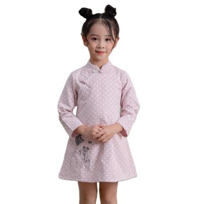 China Anti-wrinkle Chinese traditional cotton dress for kids knee length with embroidery design on the bottom for sale