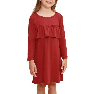 China Anti-Static Casual Single Ruffle Dress Simple Solid Color Design Size 2-12T Long Sleeve Girls Dress for sale