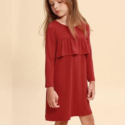 China Anti-Static Girls Sheath Long T-shirt Dress Casual Ruffle Girls Dress A Line Size 5-12T Solid Color for sale