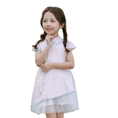 China Anti-wrinkle Factory Wholesale Stand Collar Asymmetrical Edge Layered Cheongsam Children's Dress For Girls for sale