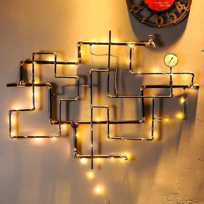 China Art Decor Loft Retro Wrought Iron Water Pipe Wall Hanging Bar Store 3d Wall Decor Led Light for sale