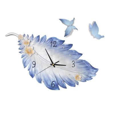 China Calendars light diy clock feather art fashion home living room luxury resin 3d wall clock for sale