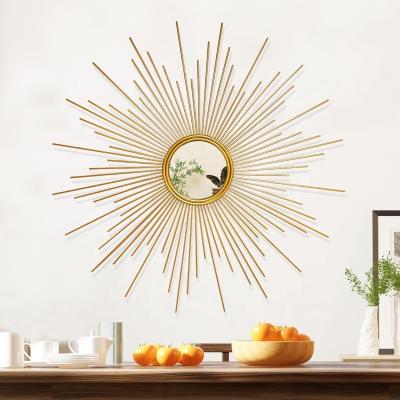 China Modern Novelty Golden Sun Wall Hanging Dining Room Mirror Metal Decorative Wall Decor Round Mirror for sale