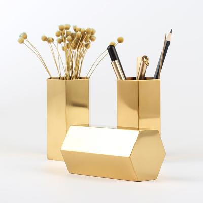 China Home Decor European Style Gold Hexagon Pen Holder Stainless Steel Creative Desktop Vase For Home Decor for sale