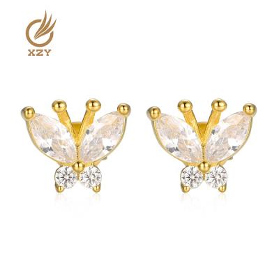 China Romantic In Fashion Design 1.5g 925 Sterling Silver Cubic Zirconia Stud Earrings Butterfly Studs Gold Plated for sale