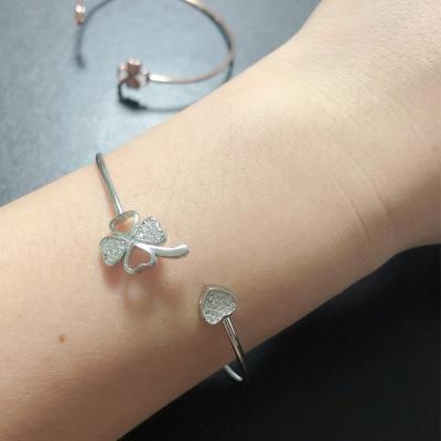 China OEM Romantic Cubic Zirconia Heart Clover Flower Custom Adjustable Size Rhodium Plated 925 Sterling Silver Bracelet for sale