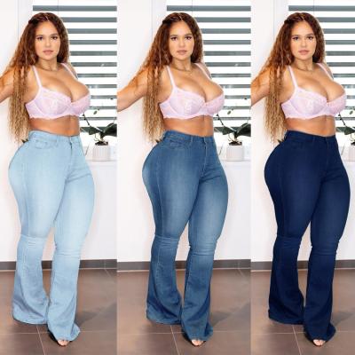 China 2021 Autumn High Waist Solid Color QUICK DRY Slim Fit Denim Plus Size Women's Jeans Bell Bottom Jeans for sale