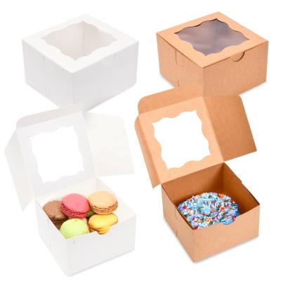 China Biodegradable White Brown Bakery Boxes With Window 4x4x2.5 Cardboard Gift Packaging Containers For Cookies, Cupcake, Wedding Cake for sale