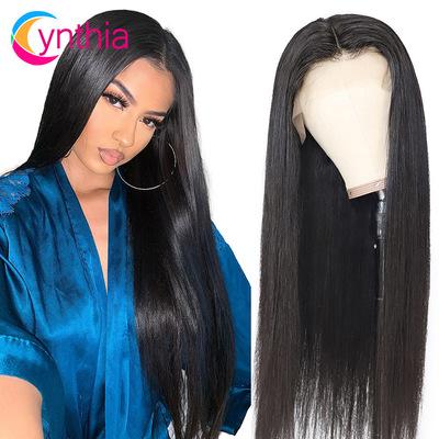 China Natural Human Hair Wigs Long Straight Black Hair Wave Half Lace Front Human Hair Wigs 13*4 Silky Straight Headwear 150% 180% 210% For Women for sale