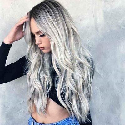 China Hot Selling Amazon Gradient Water Wave Wigs Ombre Natural Silver Synthetic Hair Long Full Lace Hair Heat Resistant Wigs Heat Resistant Wigs for sale