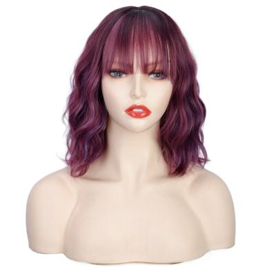 China New Water Wave Wigs Long Purple Curly Hair Headwear Short Daily Heat Resistant Synthetic Bob Water Wave Female Wigs Machine Made for sale