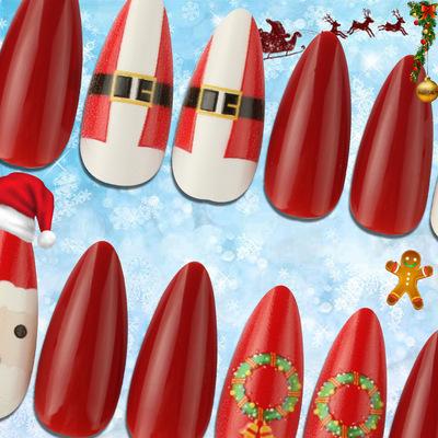 China Design Christmas Press On Nails Wholesale Almond Elk Snowman Christmas Tree Sticker Nails Fake Press On Nails for sale