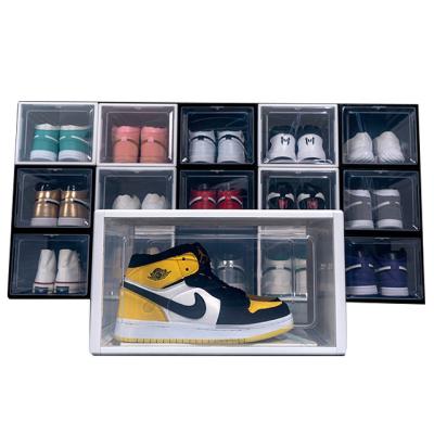 China Minimalist Plastic Clear Custom Display Sliding Magnetic Sneakers Shoes Box Cardboard With Custom Logo Rack Stackable Organizer for sale