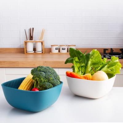 China Fruit Vegetable Food Double Layer Drain Basket Stocked Plastic Vegetable Thick Wash Bowl Set for sale