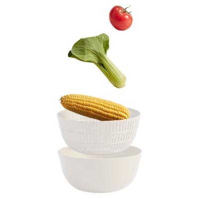 China Viable Wholesale Multifunctional Double Laid Rotating Plastic Food Storage Kitchen Drain Basket Wash Water Vegetable Filter Bowl for sale