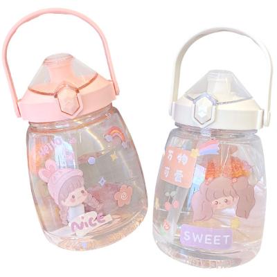 China Art Decor 1100ml 32 Ounce Large Capacity School Kids Cute Motivational Plastic Water Bottle With Straw Strap For Kids Bpa Free for sale