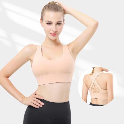 China Breathable High Quality Cross Back Wire Medium Support Spandex GYM Cups Yoga Sports Bra Home Workout Free Removable Bra For Women for sale