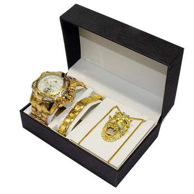 China Waterproof Luxury Custom 3 Pieces Gold Necklace Bracelet Jewelry Sets Mens Watch Sets Quartz Wristwatches With Boxes for sale