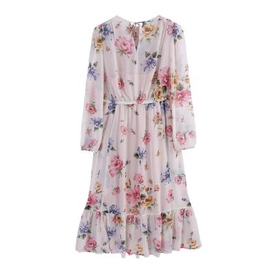 China Breathable READY TO SHIP Women's Large Size Clothes With Front Tie Up Tiered Skirt Floral Print Dress Long Removable Liner Dress for sale