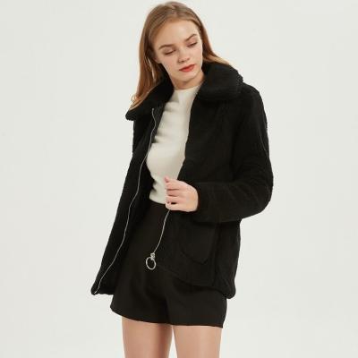 China Updraft READY TO SHIP 2021 Women Autumn Winter Outdoor Teddy Zip Through Collar Thermal Thick Black Turn-Down Long Casual Jacket for sale