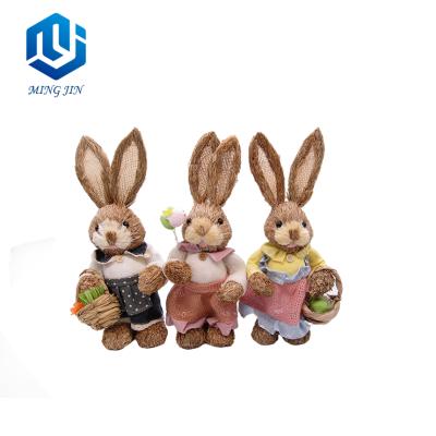 China Factory Price Rattan Material Easter Bunny Rabbit With Basket For Desktop Decoration for sale