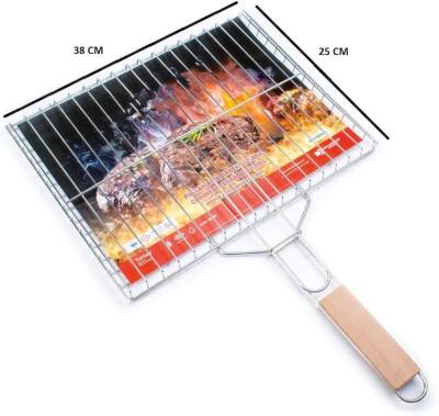 China Easily Cleaned Barbecue Basket Stainless Steel Wire Mesh And Wooden Handle Barbecue Grilling Basket for sale