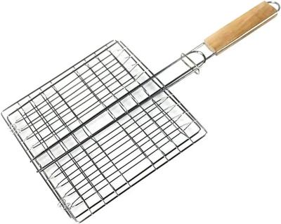 China Easily Cleaned BBQ Grill Basket With Net Wooden Basket Wire Stainless Steel Handle Portable Cooking Fish Meat for sale