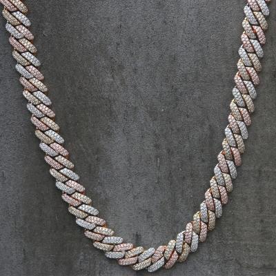 China Hiphop Tri Diamond Fork Link Necklace (12mm) in White & Rose Gold for sale