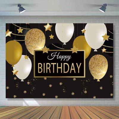 China Hot Sales Happy Birthday Backdrop Black And Gold Photogaphy Background HAPPY BIRTHDAY For Men Women Birthday Banner Backdrop Party Decorations for sale