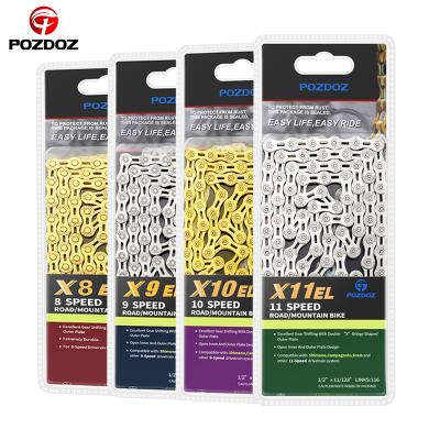 China POZDOZ MTB/road 8 9 10 11 Speed ​​Bike Chain POZDOZ Ultralight Half Gold Half Cavity 116L Mountain MTB Road Bike Silver Chains for sale