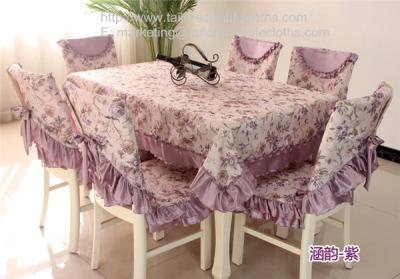 China Purple floral tablecloths and chair covers with satin borders, for sale