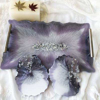 China Resin+Real Dried Pressed Flower Custom Silver Aluminum Flake Geode Agate Resin Amethyst Tray and Coaster Set for sale