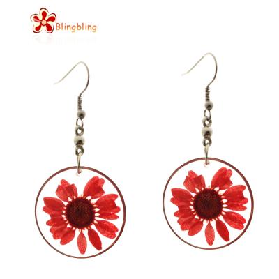 China TRENDY Epoxy Resin Hawaiian Dangle Pressed Flower Real Daisy Chrysanthemum Earrings Flower Jewelry for sale