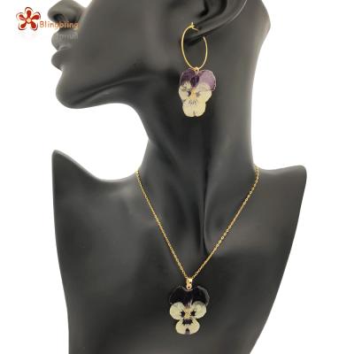 China BOHEMIA resin flower pansy pressed viola the real charm the earring necklace set for sale