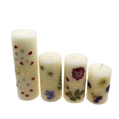 China Natural Flower Handmade Dry Pressed Flower Pillar Scented White Candle Private Label Aromatherapy Supplier for sale