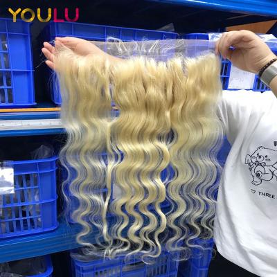 China Bodywave 100% Human Virgin Hair Blonde Straight Ear To Ear 13x4 613 Remy 13X6 Bleached Knots Lace Up Closure And Headband for sale