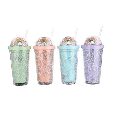 China Sustainable Sequin Double Wall Plastic Ice Juice Straw Water Drinking Cup for sale