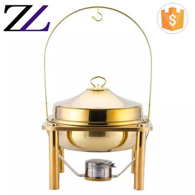 China Customized LOGO and Modern Kitchen Equipment Tools Saving Round Beetle Dish Buffet Luxury Gold Hanging Dome Hinged Lid Chafing Dish for sale