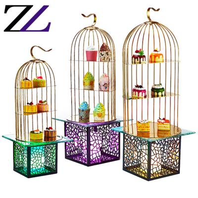 China Durable and Modern Pasteleria Accesorios Buffet Art Deco Led Server Gold Square Cupcake Food Dessert Birdcage Buffet Display Risers for sale