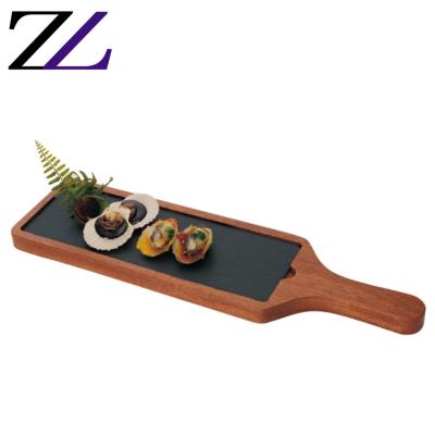 China Disposable Arabic Slate Black Handle Rectangle Catering Service Restaurant Tableware Set Wooden Serving Tray Wooden Dish Plate for sale