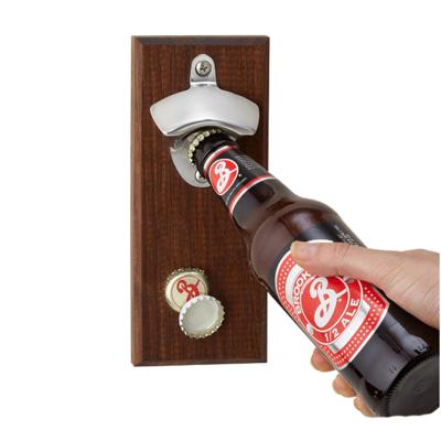 China Sustainable Wholesale Wooden Wall Mounted Bottle Opener With Magnetic Cap Catcher for sale