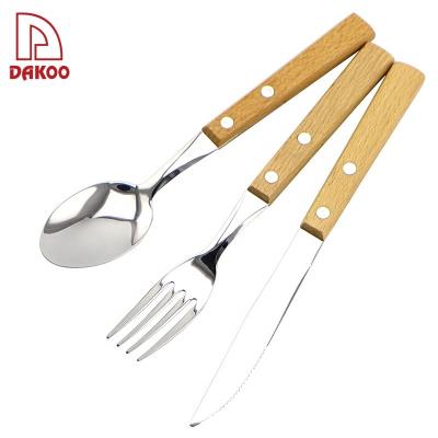 China Beech Wood Disposable Handle GRILL 3Pcs Steak Knives Fork And Spoon for sale