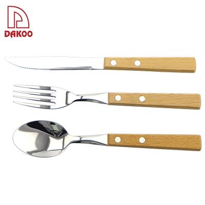 China Beech Wood Disposable Handle GRILL 3Pcs Steak Knives Fork And Spoon for sale