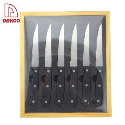 China BBQ POM Handle Stainless Steel 6Pcs Disposable Steak Knife Sets With Window Wooden Box for sale