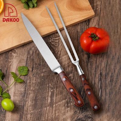 China 2PCS Disposable Wooden Pakka Stainless Steel BBQ Knife and Fork Set Barbecue Carving Knife Set With Box for sale