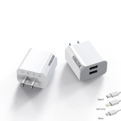 China Mobile Phone/Ipad/Camera/PDA/MP3 Us Plug In Fast Adaptive Wall 2.4A Dual USB Charger Adapter With USB Type C Cable for sale